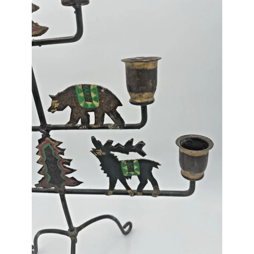 Vtg Handpainted Rustic Cabin Folk Art‎ 7 Taper Candelabra Wildlife Animals